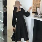 Puff-sleeve Plain A-line Long Dress