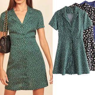 V-neck Floral Printed Single-breasted Dress