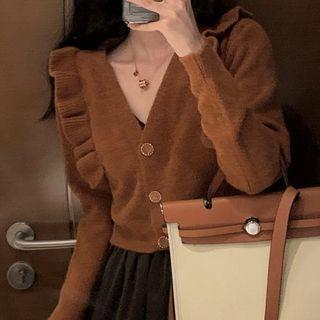 Frill Trim V-neck Cardigan / Tiered Mini A-line Skirt