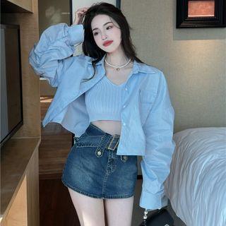 Puff-sleeve Shirt / Crop Knit Tank Top