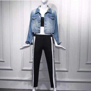 Distressed Denim Jacket / Cropped Tank Top