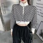 Checkerboard Mock Turtleneck Cropped Pullover Black & White - One Size