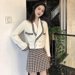 Contrast Trim Double Breast Coat / High-waist Houndstooth Skirt