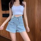 High-waist Faux Pearl Denim Wide-leg Shorts