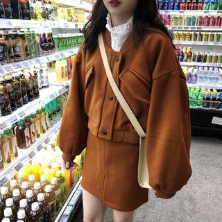Woolen Pocketed Jacket / A-line Mini Skirt
