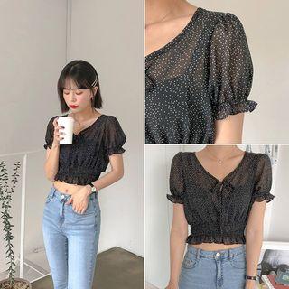 Tie-neck Smocked-hem Dotted Crop Top