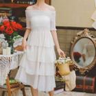 Elbow-sleeve A-line Midi Tiered Dress