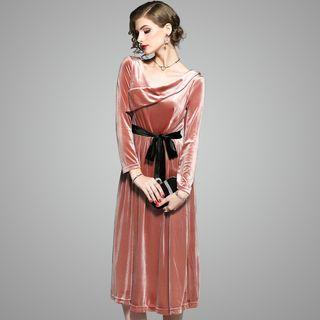 Long-sleeve Velvet Tie-waist Dress