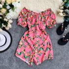 Short-sleeve Frill Trim Printed Wide-leg Playsuit Pink - One Size