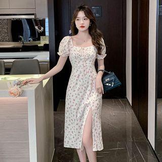 Short-sleeve Square Neck Floral Slit A-line Dress