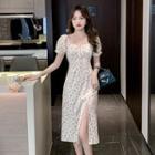 Short-sleeve Square Neck Floral Slit A-line Dress