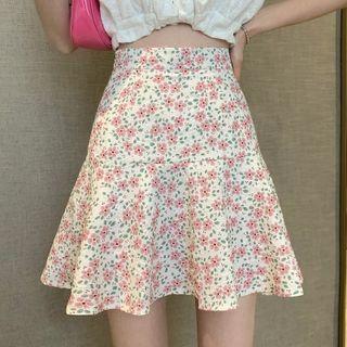 High-waist Floral Mermaid Hem Mini A-line Skirt