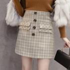 High-waist Button Accent Plaid A-line Skirt