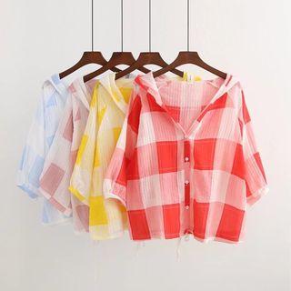 Elbow-sleeve Hooded Check Top
