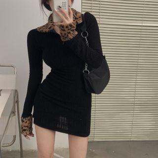 Leopard Print Trim Polo-neck Knit Dress