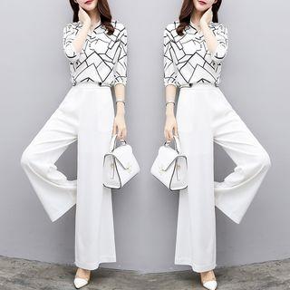 Set: Elbow-sleeve Printed Blouse + Wide Leg Pants