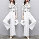 Set: Elbow-sleeve Printed Blouse + Wide Leg Pants