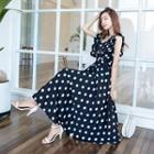 Ruffled Sleeveless Dotted Midi A-line Dress