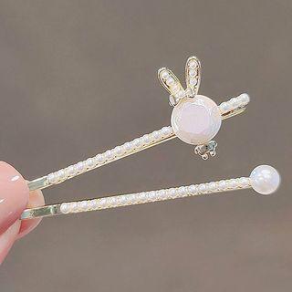 Set: Rabbit Faux Pearl Hair Pin + Faux Pearl Hair Pin Ly1639 - Set Of 2 - White - One Size