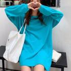Embroidered Long-sleeve T-shirt Dress Blue - One Size