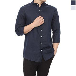 Mandarin-collar 3/4-sleeve Linen Blend Shirt