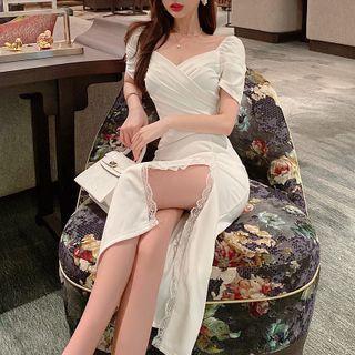 Short-sleeve V-neck Lace Trim Slit Midi Sheath Dress