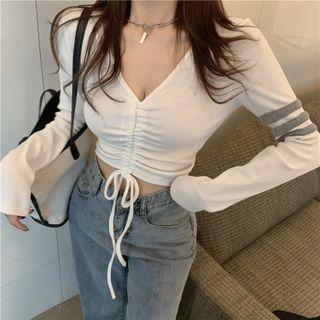 Long-sleeve V-neck Striped Drawstring Cropped Top
