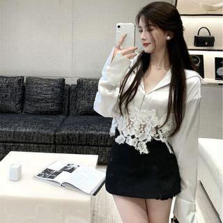 Collared Lace Panel Cropped Blouse