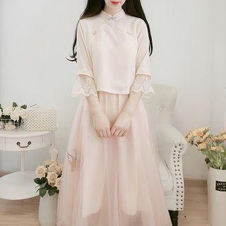 Set: Mandarin Collar 3/4-sleeve Blouse + Mesh Midi A-line Skirt