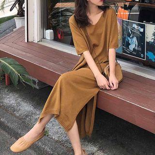 Short Sleeve V-neck Plain T-shirt Dress