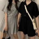 Collared Short-sleeve Drawstring-waist Wide-leg Playsuit