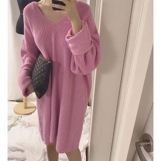 V-neck Long-sleeve Knit Dress Pink - One Size