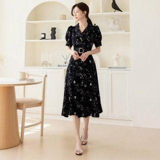 Double-breasted Printed Long Dress With Belt