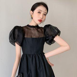 Puff-sleeve Mock-turtleneck Mesh Top