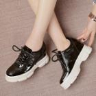 Genuine Leather Platform Hidden Wedge Lace-up Sneakers