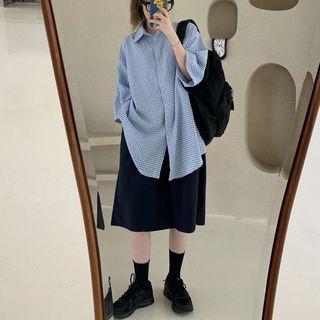 Check 3/4-sleeve Shirt / Wide Leg Shorts