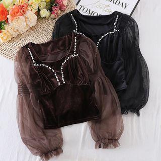 Lantern-sleeve Faux Pearl Mesh Panel Velvet Top