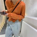 Long-sleeve Ribbed Knit Top Orange - One Size