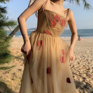 Tie-strap Mesh Overlay Midi A-line Dress