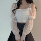 Puff-sleeve Cold-shoulder Lace Blouse White - One Size