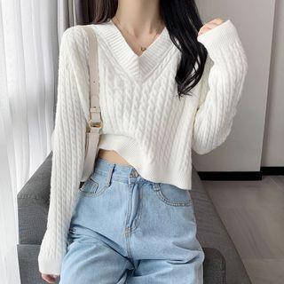 Long Sleeve V-neck Plain Cropped Sweater