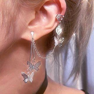 Butterfly Chained Cuff Earring 1 Pc - Silver - One Size