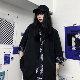 Short-sleeve Print Trim Loose-fit Shirt With Tie Black - One Size