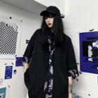 Short-sleeve Print Trim Loose-fit Shirt With Tie Black - One Size