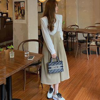 Long-sleeve V-neck Blouse / Midi A-line Suspender Skirt