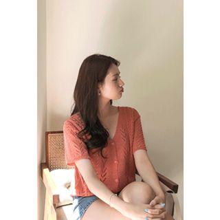 V-neck Short-sleeve Pointelle-knit Cardigan