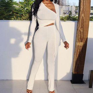 Set: Plain Long Sleeve V-neck Cropped Top + Plain High-waist Skinny Pants
