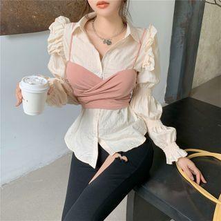 Ruffled Lantern-sleeve Blouse / Crisscross Cropped Camisole Top