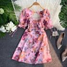 Floral Short-sleeve A-line Dress Pink - One Size