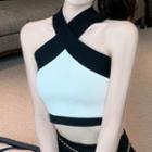 Contrast Trim Cropped Halter Top Black & White - One Size